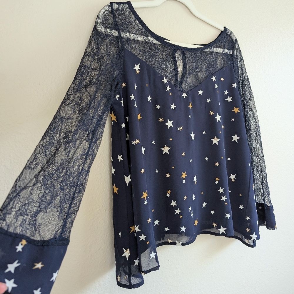 Starry Night Blouse in Midnight Blue with Lace Sleeves and Back